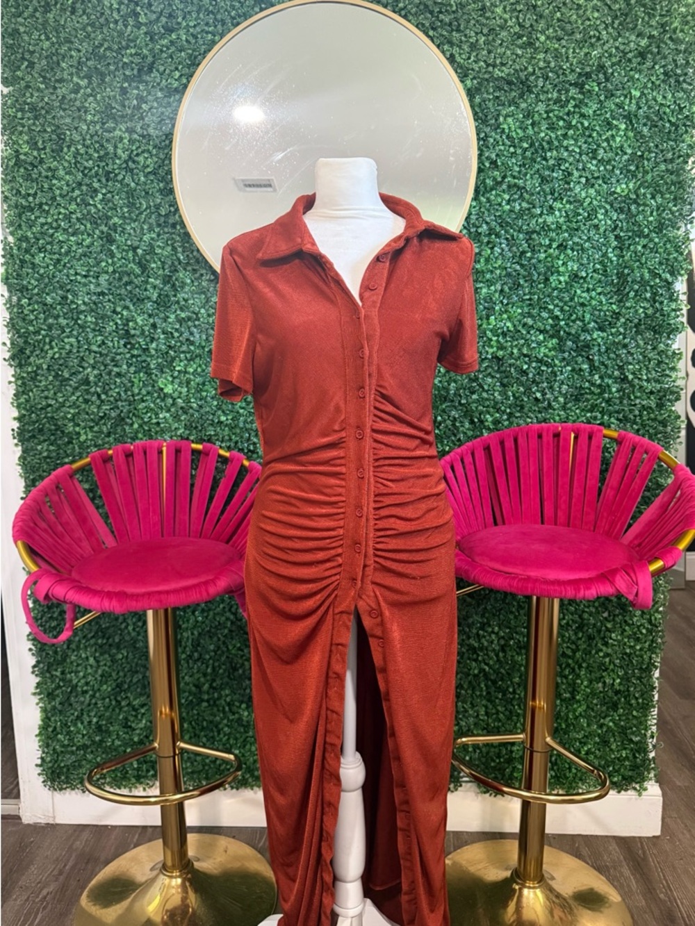 Fashion Nova Rust Red Ruched Button-Front Maxi Dress